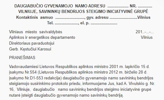 Pranešimas savivaldybei dėl DNSB steigiamojo susirinkimo