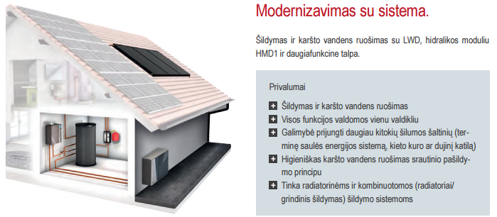 Įvairiapusis šilumos siurblys oras-vanduo, šildymas, vėsinimas ir karšto vandens ruošimas