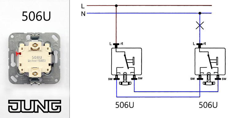 506-U sviestuvo valdymo iš dvieju tasku pajungimo schema su perjungejais