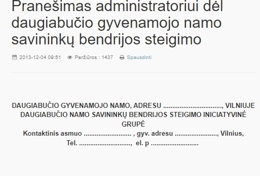 Pranešimas administratoriui dėl daugiabučio gyvenamojo namo savininkų bendrijos steigimo