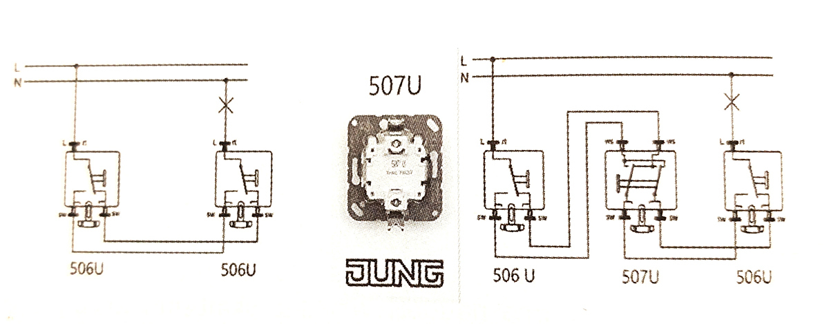 Apšvietimo ir dviejų jungilkių pajungimo schema