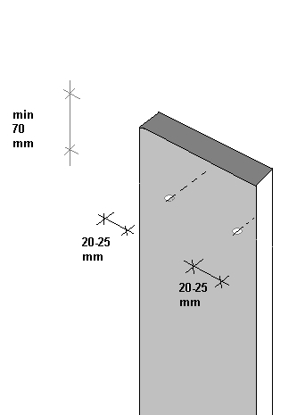 Dailylenčių prikalimas. Kalti vinis reikia 20-25 mm atstumu nuo lentos krašto, nuo galų - mažiausiai 70 mm. Norint vinis kalti mažesniu nei 70 mm atstumu nuo krašto, vinims išgręžiamos skylės, kad dailylentė nesutrūktų