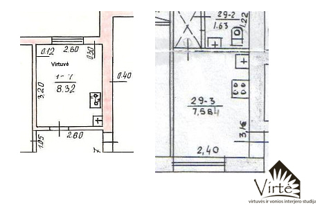 Jeigu virtuvė bent šiek tiek didesnė, 7 - 9 kv.m, jos planas dažniausiai būna toks