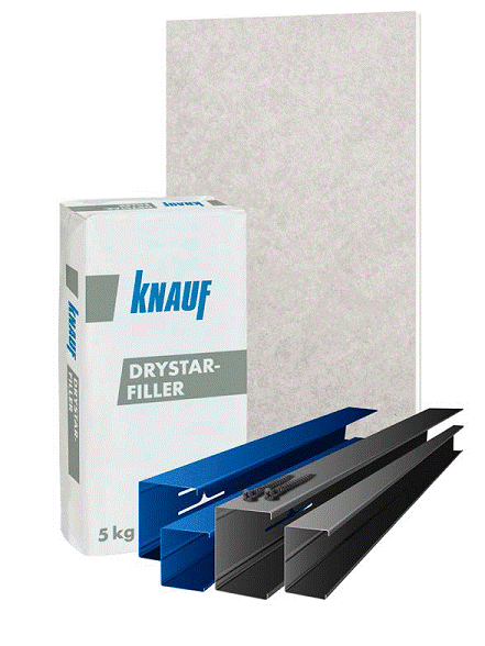 Plokščių Knauf Drystar Board glaistas ir antikoroziniai C3 klasės (juodi) bei C5M klasės (mėlyni) profiliai.