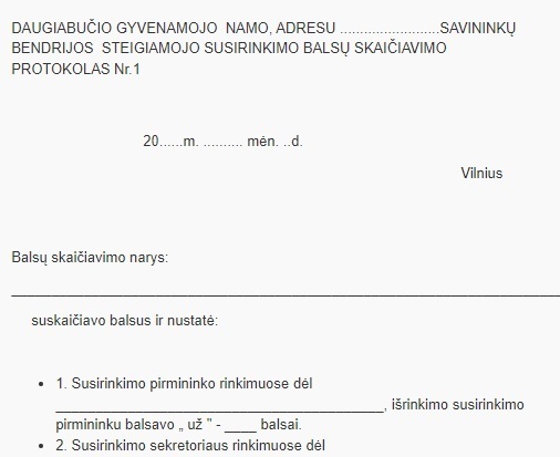 Daugiabučio gyvenamojo namo savininkų bendrijos steigiamojo susirinkimo balsų skaičiavimo protokolas